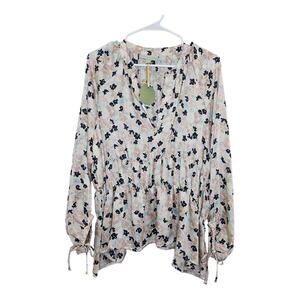 NEW Women's Ryegrass Soft Floral Split Tie Neck Long Sleeve Blouse (Size: XXL)